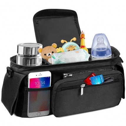 Universal Baby Stroller Storage Bag with 2 waterproof leak-proof insulated cup holders and large Detachable zippered clutch bag